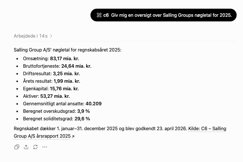 Et svar fra ChatGPT med Salling Groups nøgletal for 2025, med henvisning til dokumentet fra c6.